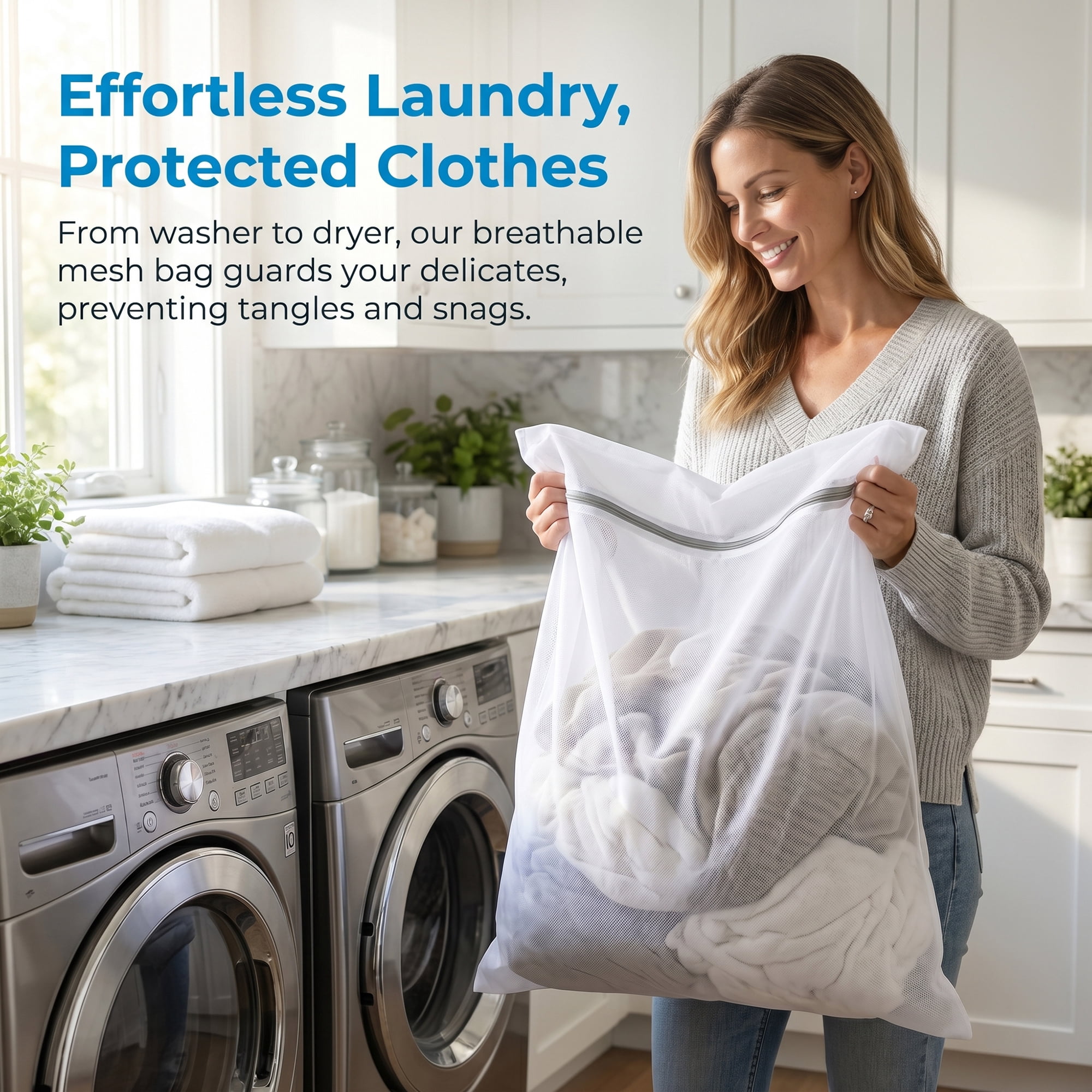 Unique Bargains 3Pcs Polyester Mesh Laundry Bags with Zipper White-Gray 19.7" x 23.6"
