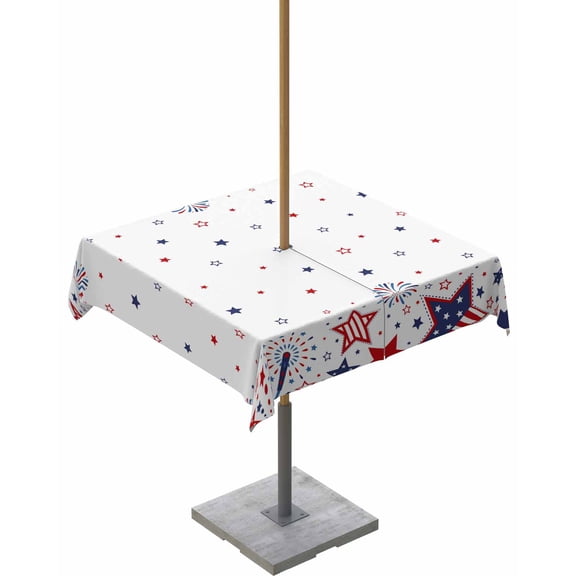 Boanket Outdoor Tablecloth with Umbrella Hole for Patio/Picnic/Party/Camping, Red Blue Star 4th of July Waterproof Table Cloth Square Cover Washable, Independence Day Fireworks (54"x 54")