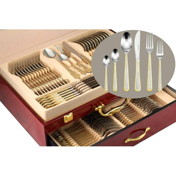 Venezia Collection"Provenza" 75-Piece Flatware Set, Silverware Cutlery Dining Service for 12, Premium 18/10 Surgical Stainless Steel, 24K Plated Hostess Serving Set w/Wood Flatware Chest
