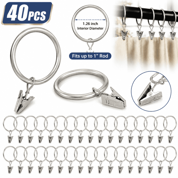 Genreen 40 Pack Curtain Rings with Clips, Curtain Clip Rings Hooks, Bow Hanger Clips for Hanging Drapery Drapes Bows, Ring 1.26 inch Interior Diameter, Fits up to 1" Rod, Matte Silver