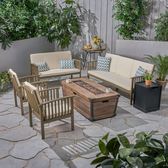 Noble House Carolina Outdoor 4 Piece Set & Fire Pit Gray with Cream