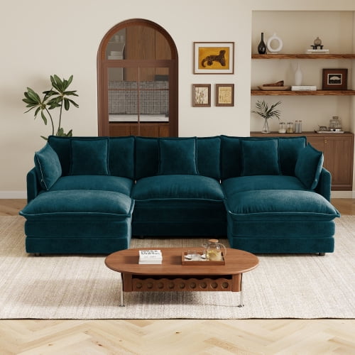 103.8" Chenille U-Shaped Sectional Sofa with Reversible Ottoman, 3-Seater Modular Couch with 2 Ottomans, Blue