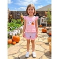 thumbnail image 4 of RUINIXCW Toddler Baby Girl Halloween Outfit Little Baby Girls Summer Fall Clothes Ghost Pumpkin Embroidered Flying Sleeve Ruffled Hem Shirt Tops and Plaid Shorts 2 Piece Set, 4 of 9