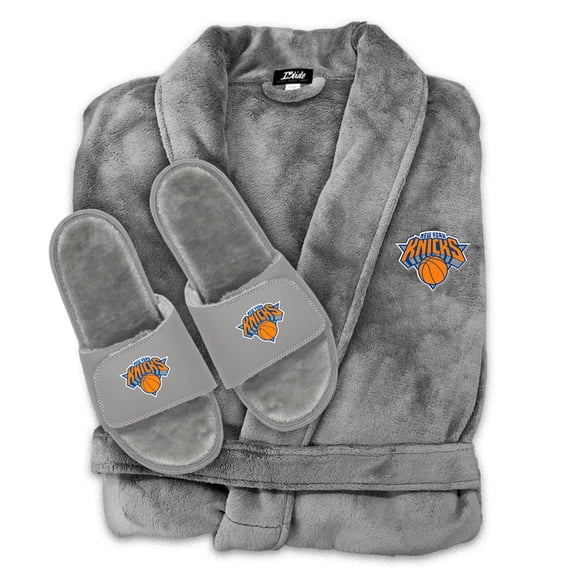 Unisex ISlide  Gray New York Knicks Faux Fur Slide Sandals & Robe Bundle