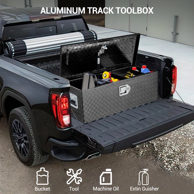 Yiwa Waterproof Aluminum Truck Tool Chest, Heavy Duty Bed Organizer with Adjustable Sliding Shelf for Pickups and Trailers