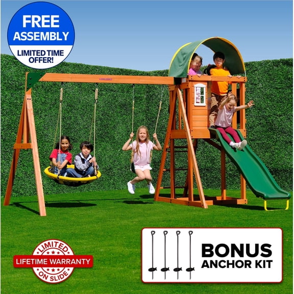 Sportspower Amelia Wooden Swing Set with 2-Person Saucer Swing, 6' Blow Molded Slide, Swing, Play Fort, Heavy Duty Double A-Frame, Lifetime Warranty on Slide