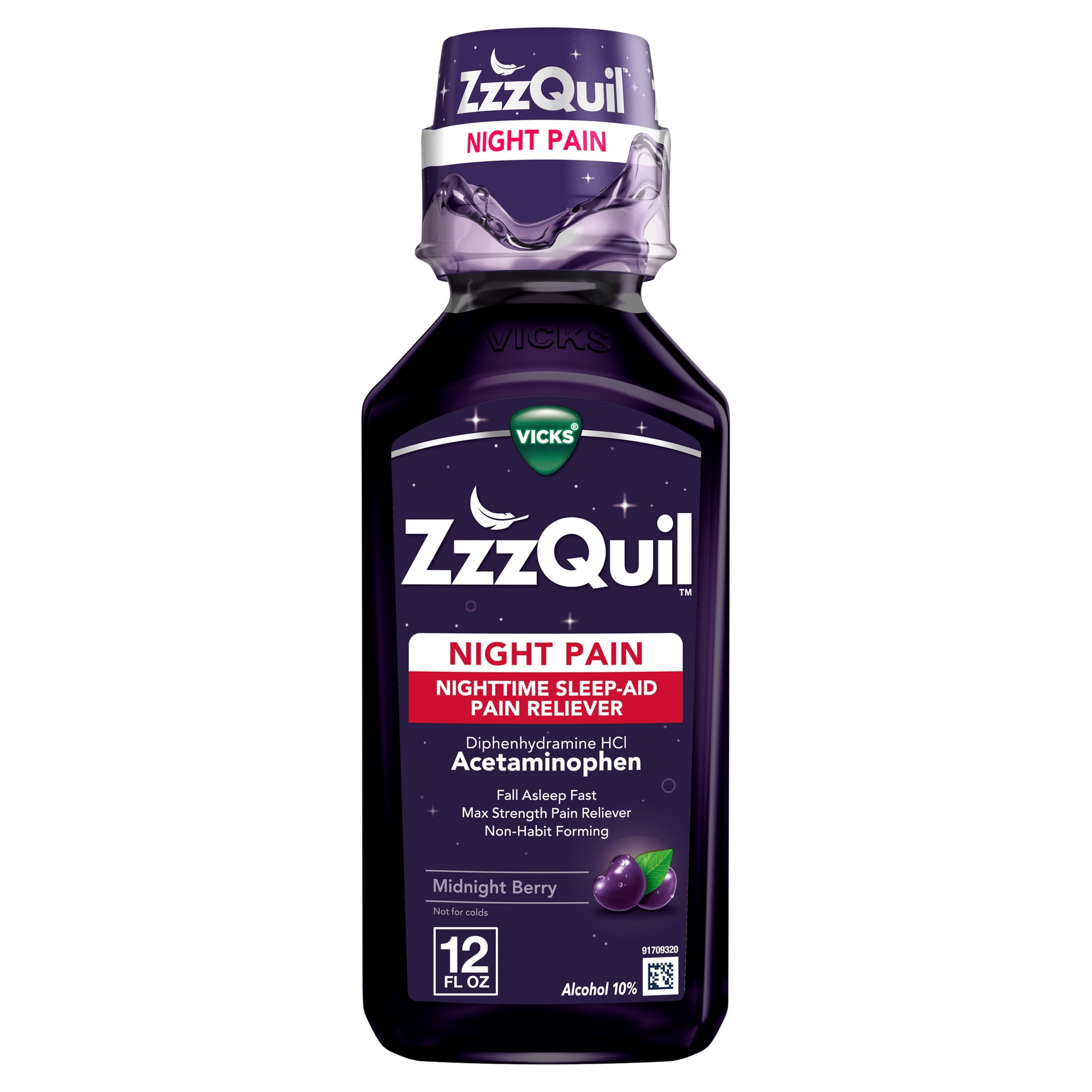 ZzzQuil Liquid Pain Reliever, Acetaminophen 1000mg, Diphenhydramine 50mg HCI, Midnight Berry Flavor, 12 fl oz