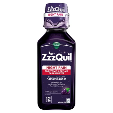 ZzzQuil Liquid Pain Reliever, Acetaminophen 1000mg, Diphenhydramine 50mg HCI, Midnight Berry Flavor, 12 fl oz