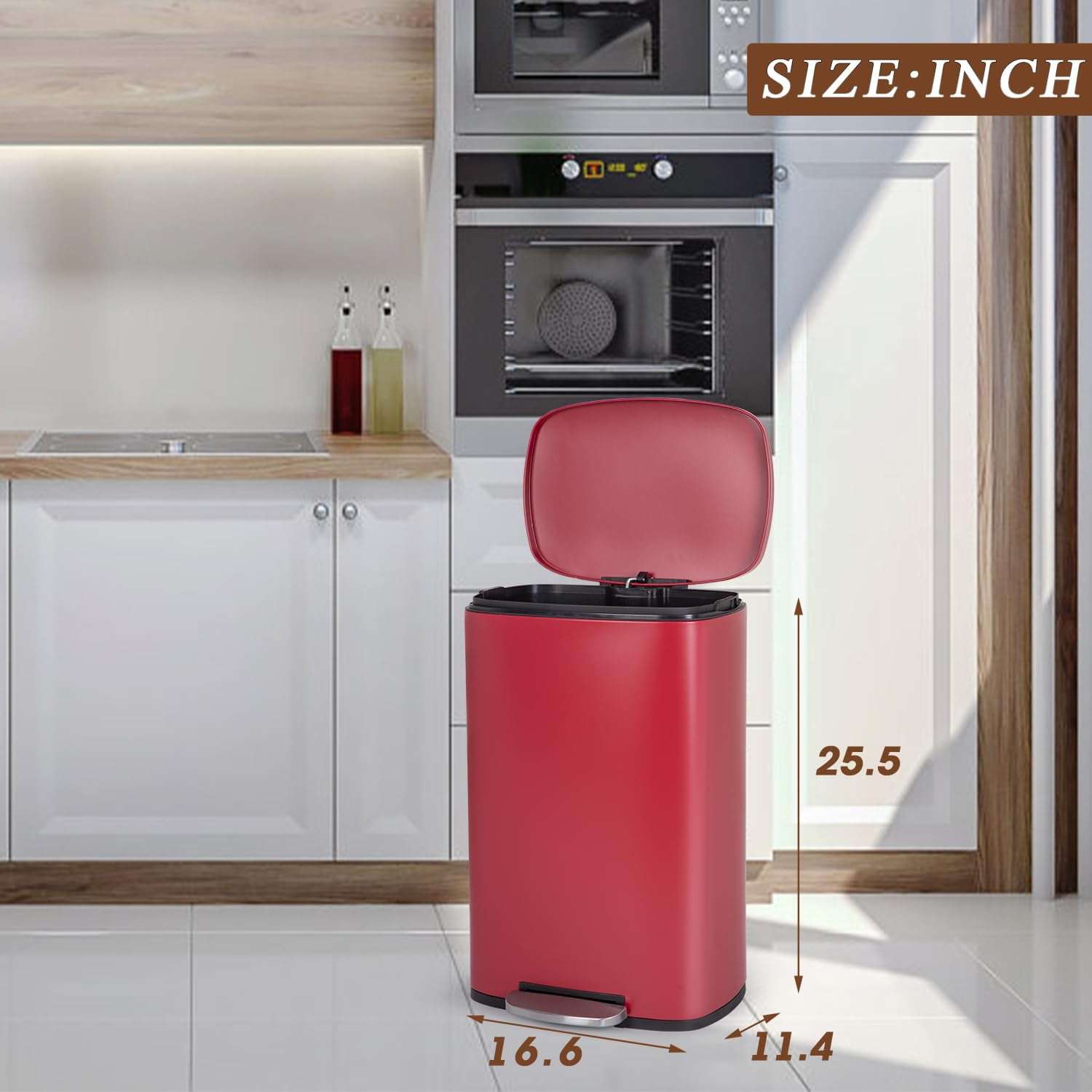 Dkelincs 13 Gallon Kitchen Trash Can with Lid Step Garbage Can Stainless Steel Waste Bin for Home Office, Red