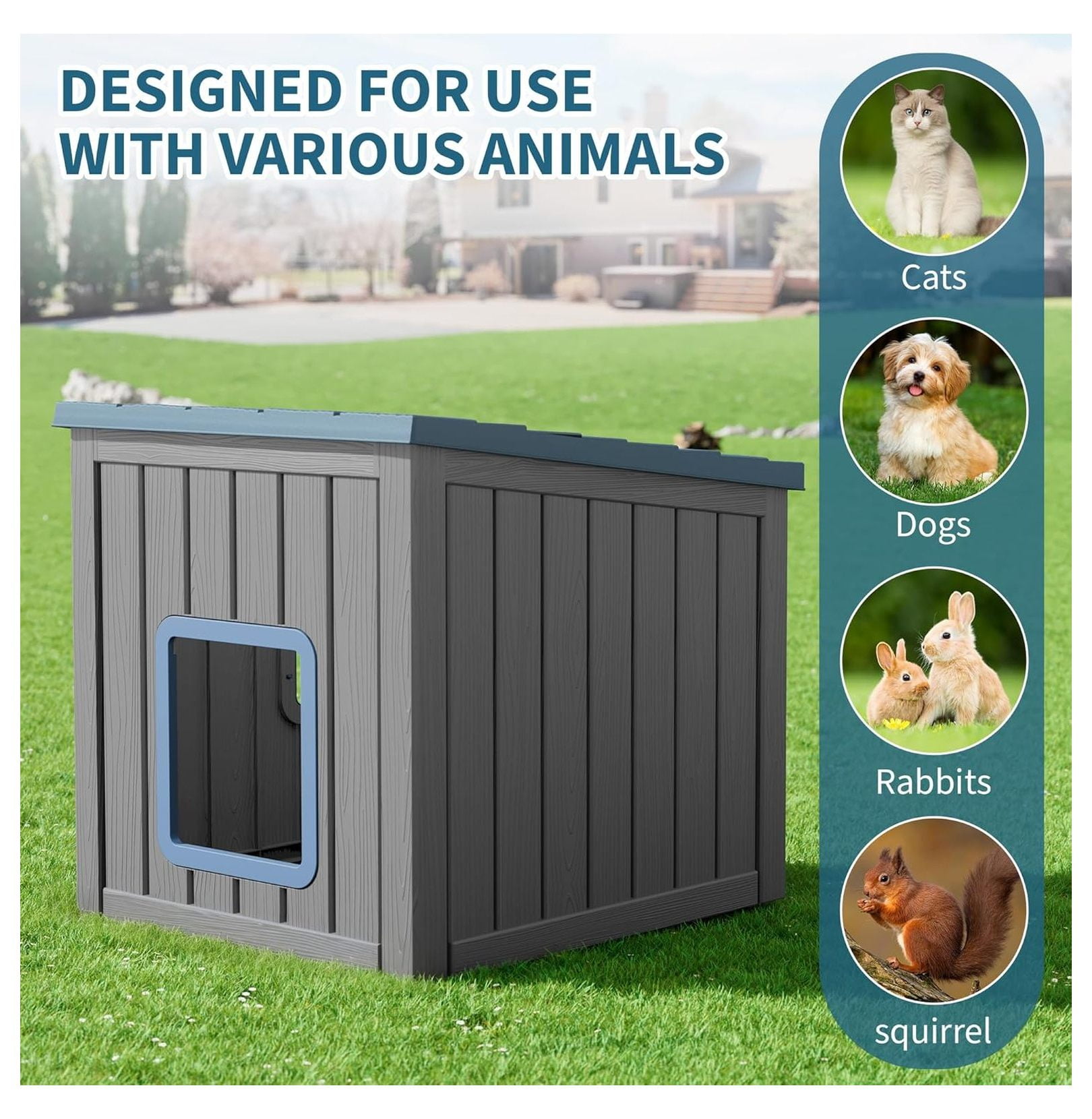 Outdoor Cat House – Weatherproof PP Shelter, UV Resistant, Sloped Roof Cat Condo for Garden & Patio (Blue, Large)