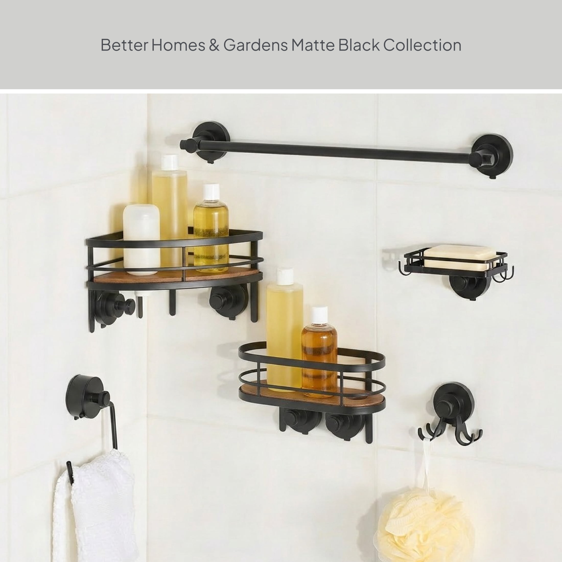 Better Homes & Gardens StyleGrip™ Suction Mount Shower Caddy with Carbonized Acacia Wood Tray, Matte Black