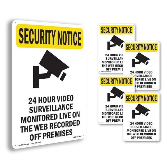 24 Hour Video Surveillance With Symbol OSHA Security Notice Aluminum Sign 14 Inch x 10 Inch - 5 Pack