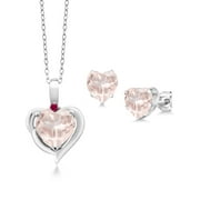 Gem Stone King 925 Sterling Silver Rose Rose Quartz and Red Created Ruby Pendant Necklace Earrings Set For Women (3.21 Cttw, Heart Shape 8MM and 6MM, with 18 inch Chain)