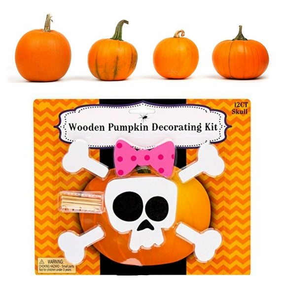 Pumpkin Push-In, Pumpkin No Carve Wooden Decorating Kit, Skeleton Girl with Hair Bow For Small Pumpkin, Ages 8