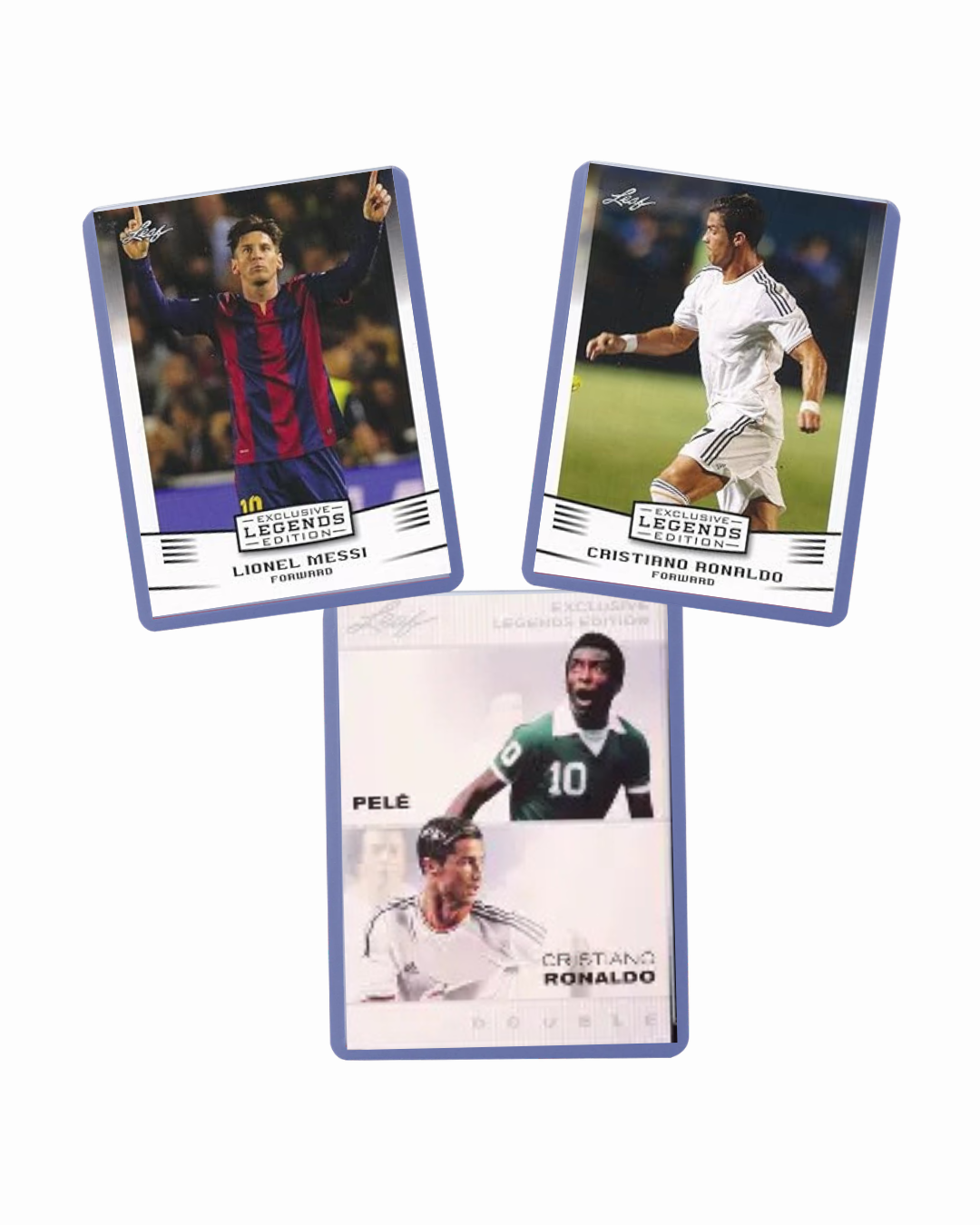 Soccer GOATs 3-Card Lot – Pelé, Lionel Messi & Cristiano Ronaldo – Legendary Icons Collection