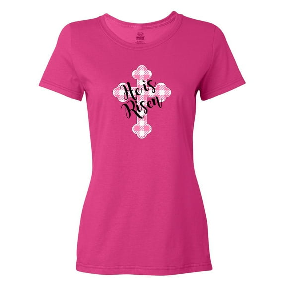 Inktastic He is Risen Pink Plaid Cross Women's T-Shirt