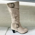 thumbnail image 4 of Pandaie Women's Slouchy Knee High Boots Extra Wide Calf Winter Fall Tall Boots Buckles Block Mid Heel Riding Outdoor Shoes with Side Zipper Beige 5, 4 of 6