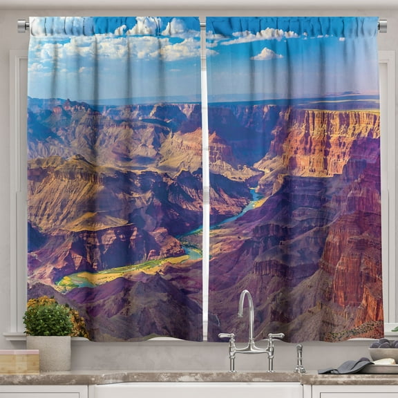 Ambesonne American Kitchen Curtains, Grand Canyon Sunrise, 55"x45", Blue Tan