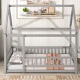 thumbnail image 3 of Modern Full Floor Bed with Wooden House Roof Frame, Floor Bed Frame with Safety Fence Guardrails, Floor Bed for Kids, Children, Boys, Girls, Grey, 3 of 8