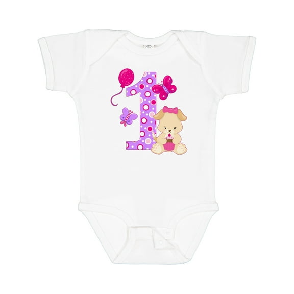 Inktastic First Birthday with Cute Puppy and Butterflies Boys or Girls Baby Bodysuit