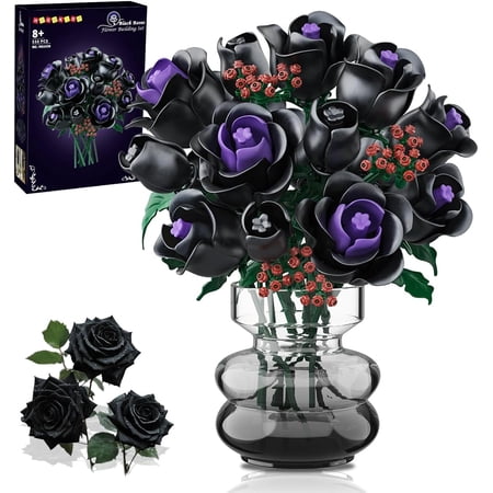 HOGOKIDS 15 Black Roses Bouquet Building Set - 330PCS Gothic Flower Blocks for Home Decor, Artificial Floral Collection for Mom, Girlfriend, Wife, Teens, Adults