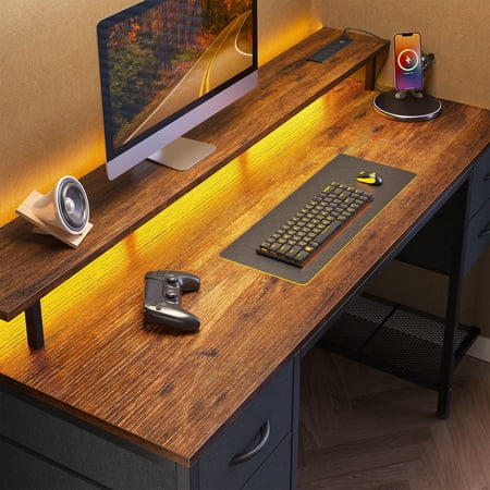 Amadwell 55 Gaming Computer Desk with LED Lights Power Outlets Home Office Writing Desk with 4 Drawers Rustic Brown