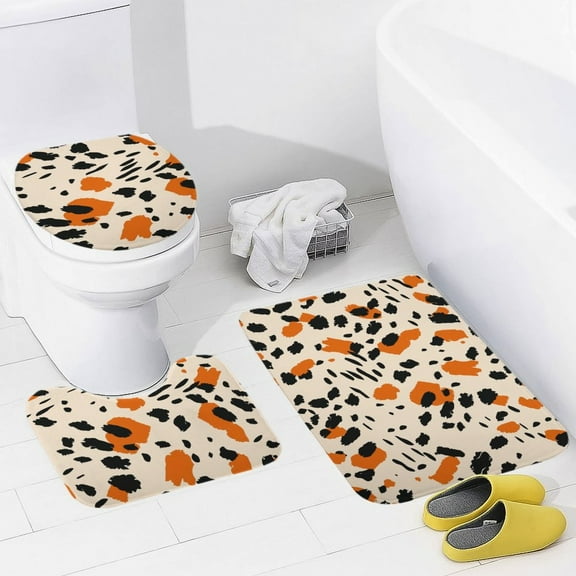Leopard Print Pattern 3 Piece Bath Rugs Mat Set, Flannel Mats, Machine Washable Carpets Mat for Bathroom Kitchen, Tub Toilet Contour Mat Lid Cover