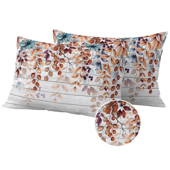 Orange Brown Eucalyptus Leaves Outdoor Pillow Covers 20x12 Set of 2,Waterproof Patio Throw Pillowcase Protectors,Botanical Farm Rustic Wood Lumbar Decorative Pillow Shams Cushion Covers for Bed Couch