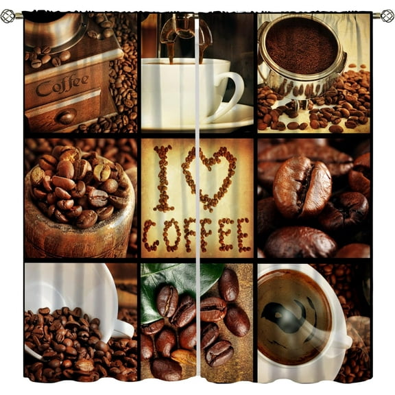 Vintage Coffee Curtains, I Love Coffee Theme Collage Roasted Beans Brewing Machines Cups Aromatic Drink Brown Window Drapes for Kitchen Living Room Cafe, 42x54 Inch