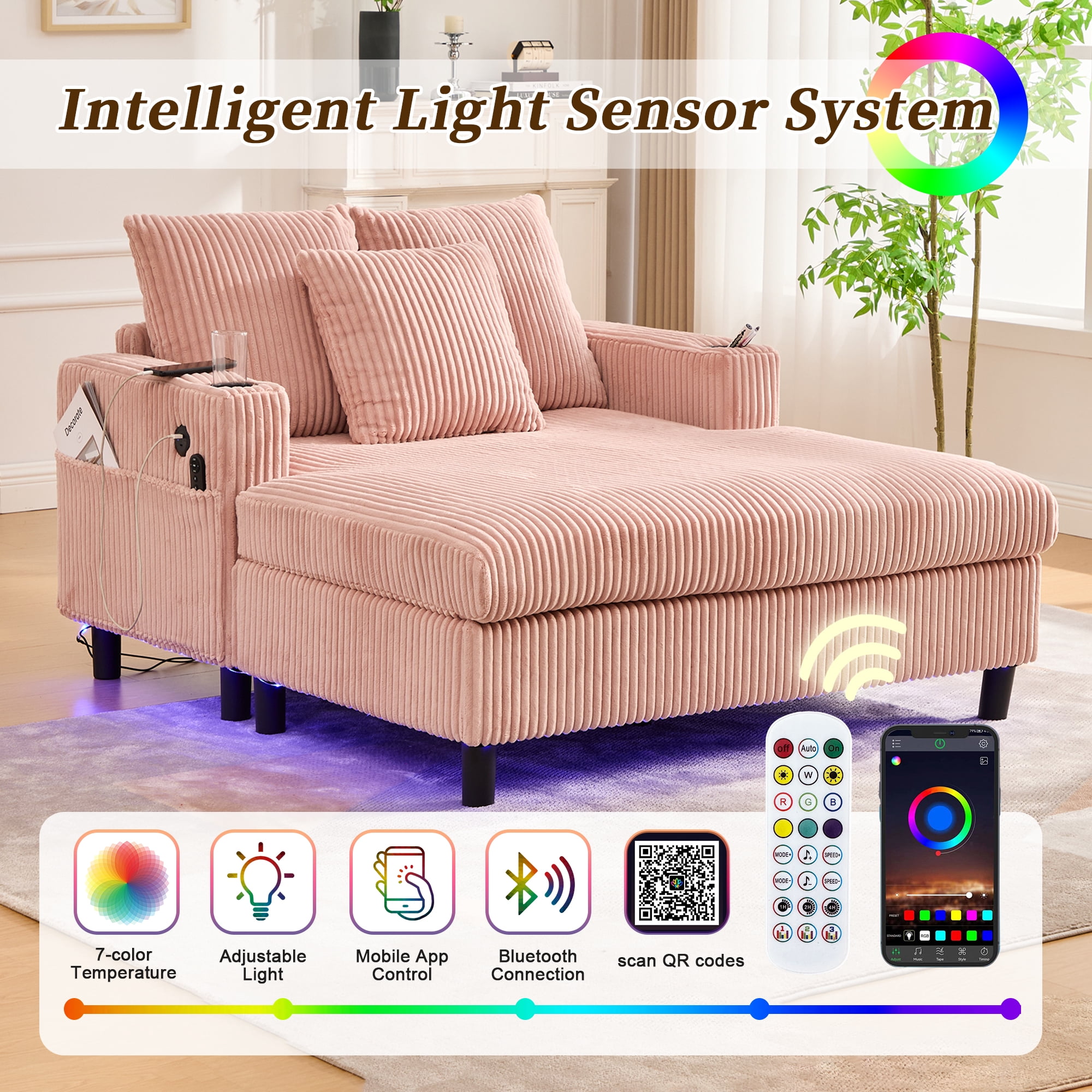 MOONMISS Corduroy Upholstered Oversized RGB LED Light Recliner Sofa Bed with Cup Holder,USB&3 Pillows-Pink