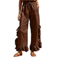 thumbnail image 2 of Mifsaly Womens Casual Pants Elastic Waist Drawstring Wide Leg Trousers Ruffle Trim Lightweight Breathable Summer Vacation Lounge Everyday Clothes with Pockets Brown,S, 2 of 8