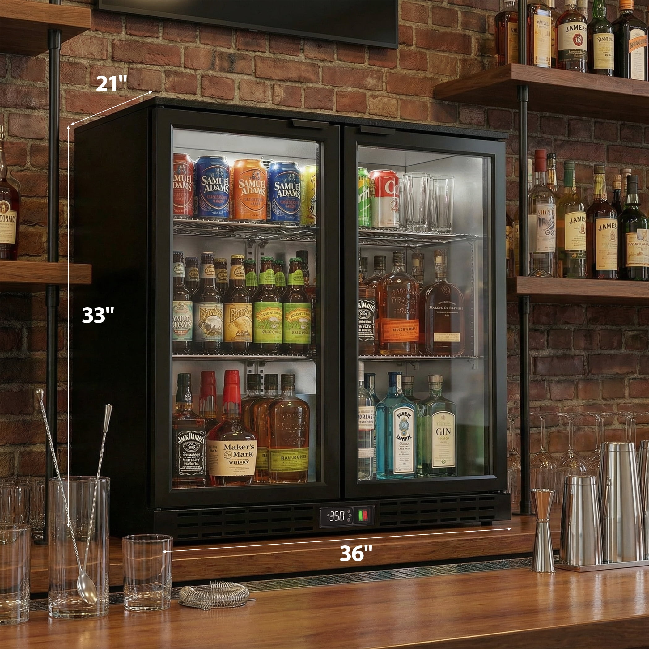 Coolake 36in 7.4 cu.ft Commercial Back Bar Cooler with 2 Glass Doors, Under Counter Beverage Refrigerator for Restaurant