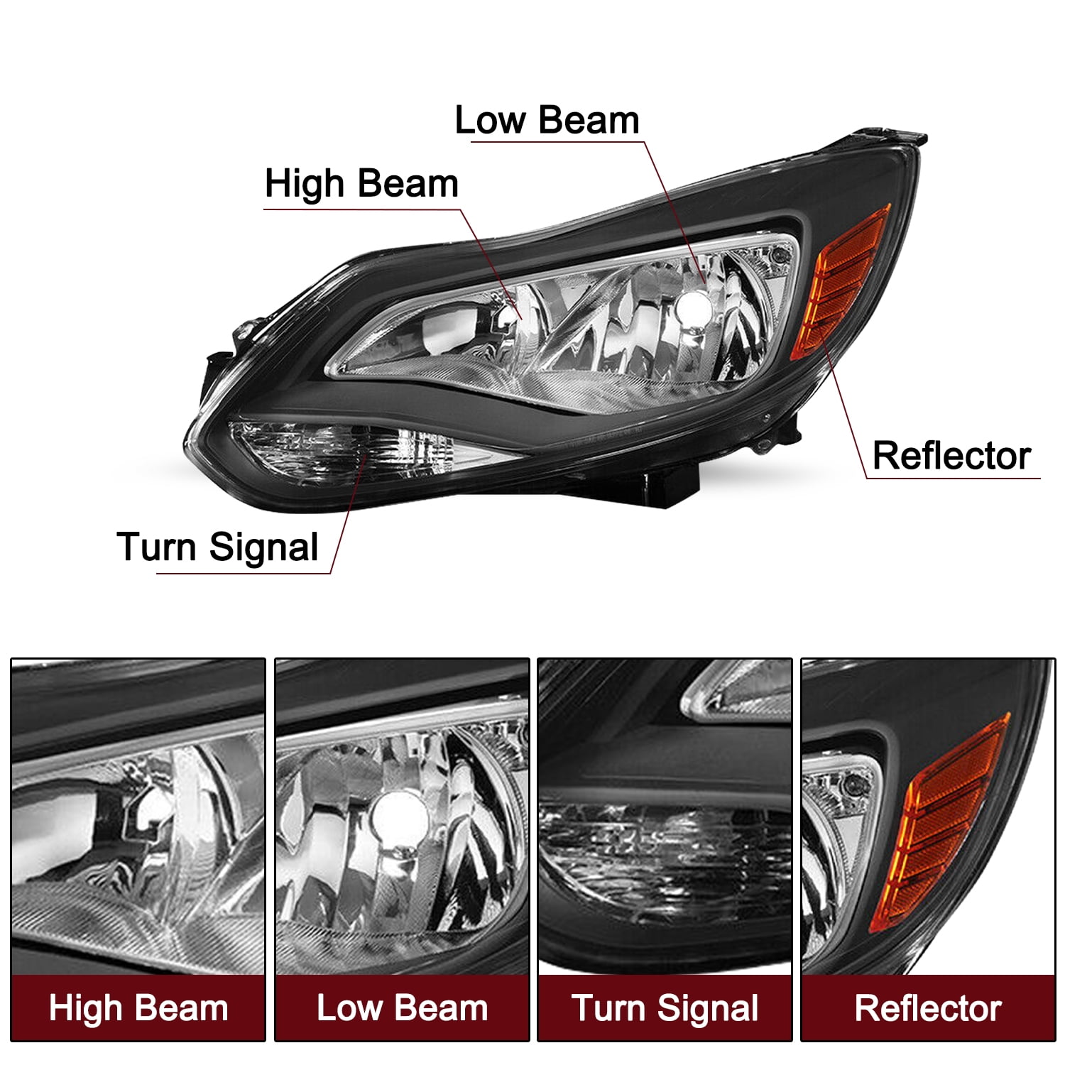 For 2012 2013 2014 Ford Focus Black Headlights Headlamps Assembly Pair w/ Bulbs