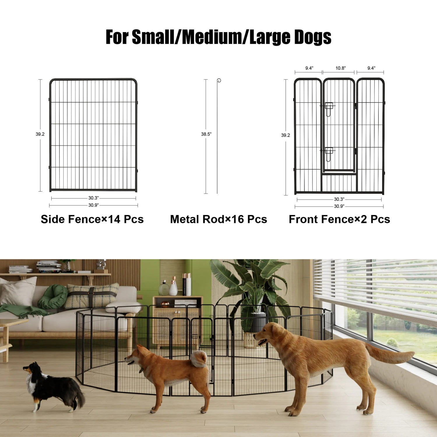 Dog Playpen 40 Inch 16 Panels, Foldable Metal Puppy Playpen with Door, Heavy Duty Dog Exercise Pen for Indoor Outdoor, RV Camping Yard, Black