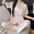 thumbnail image 2 of BaoFuBaoMei Satin Pajamas for Women Plus Size 2 Piece Short Sleeve Button up Lounge Set Collared Top and Pants Pjs Lace Trim Striped Sleepwear, 2 of 5