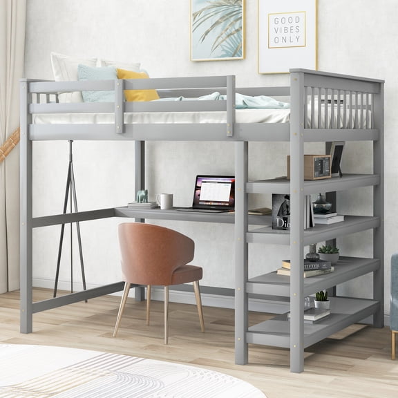 CoSoTower Full Size Loft Bed With Storage Shelves And Under-Bed Desk, Gray