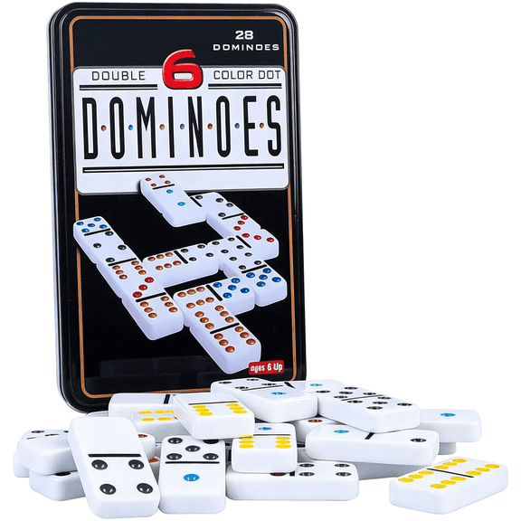 CYFW Double 6 Dominos Set for Adults with Tin Box Storage-28 Tile Colorful Dot Dominoes Games Set for Family Night Gift Travel Game-Classic Party Board Game Ideal for 2-4 Players