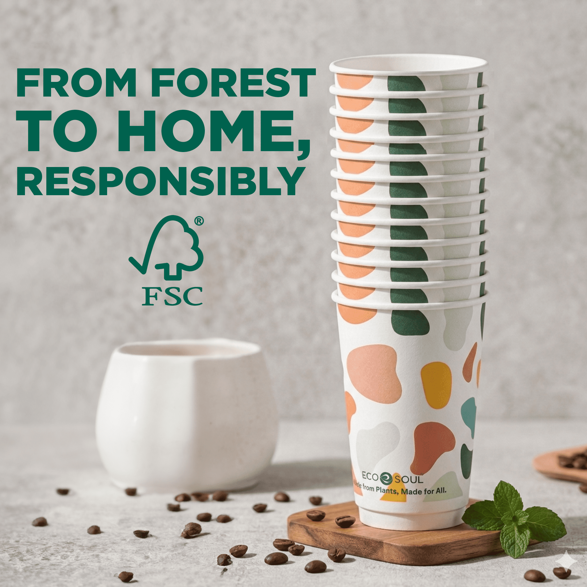 EcoSoul Compostable Hot and Cold Cups, Printed Plant-Based Disposable Cups, 16 oz, 50 Count