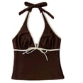 thumbnail image 6 of Y2k Vintage 2 Pieces Bikini Set Coquette Halter Tankini Top with Shorts Whimsy Polka Dot Beach Swimsuit Coffee M, 6 of 7