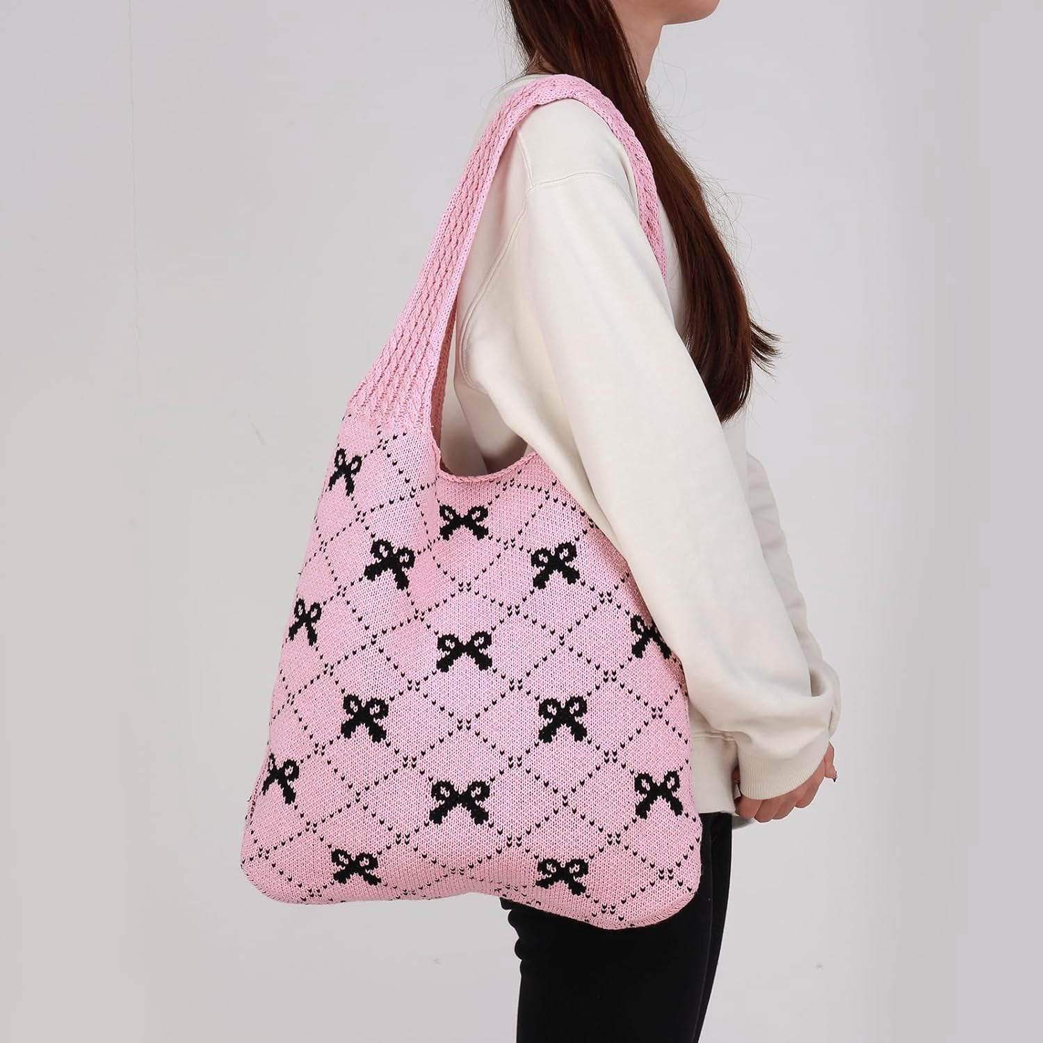 NANAHuang Crochet Tote Bag Y2k Bow Purse for Women Coquette Aesthetic Hobo Bag Cute Shoulder Handbag Knitted Tote Bow Printed Bag
