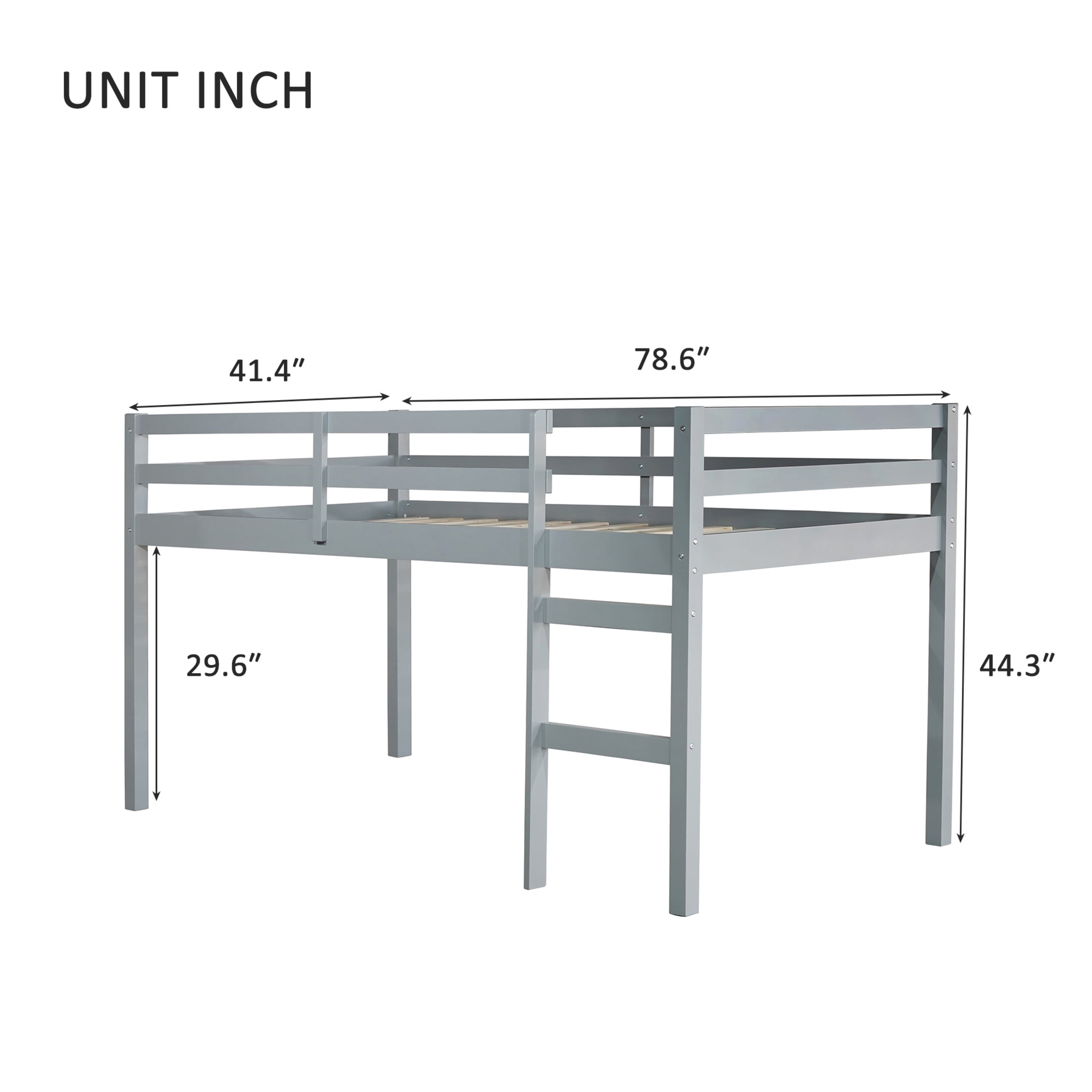 Noble House Modern Tilda Twin Loft Bed, Solid Rubber Wood Frame with Ladder, Spacious Under for Kids, Grey
