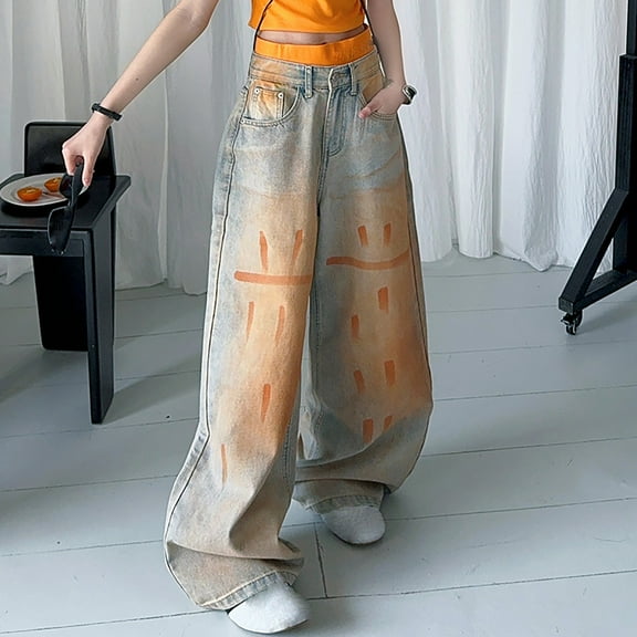 SGFCWSX Wide Leg Jeans for Girls High Waist Baggy Denim Pants Casual with Pockets Pant Orange Size 9 Years