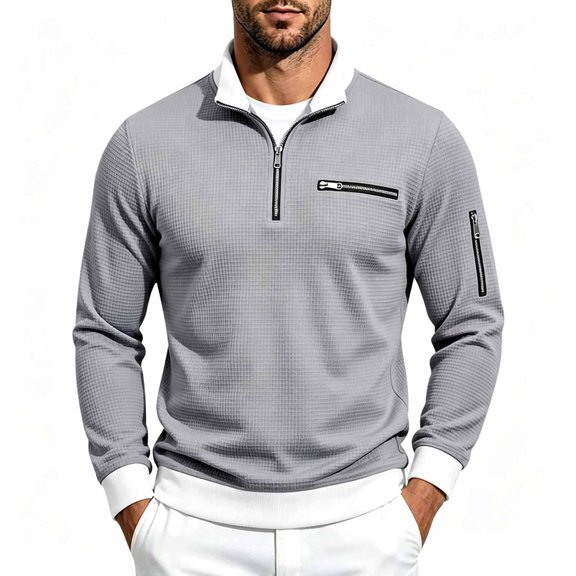 Jessboyy Mens Sweatshirts no Hood Long Sleeve Quarter Zip Pullover Work Casual Golf Waffle Knit Pullover Shirts Collared Sweatshirt Fall Winter Gray,L