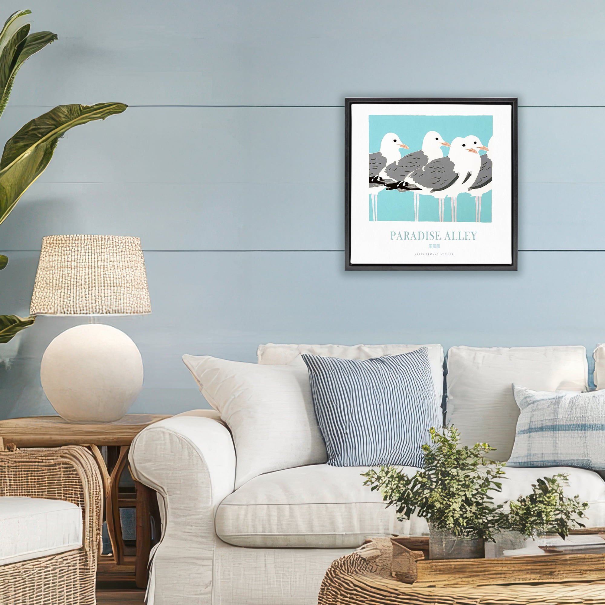 Stupell Industries Paradise Alley Seagull Gathering Black Framed Floater Canvas Wall Art, design by Jadei Graphics