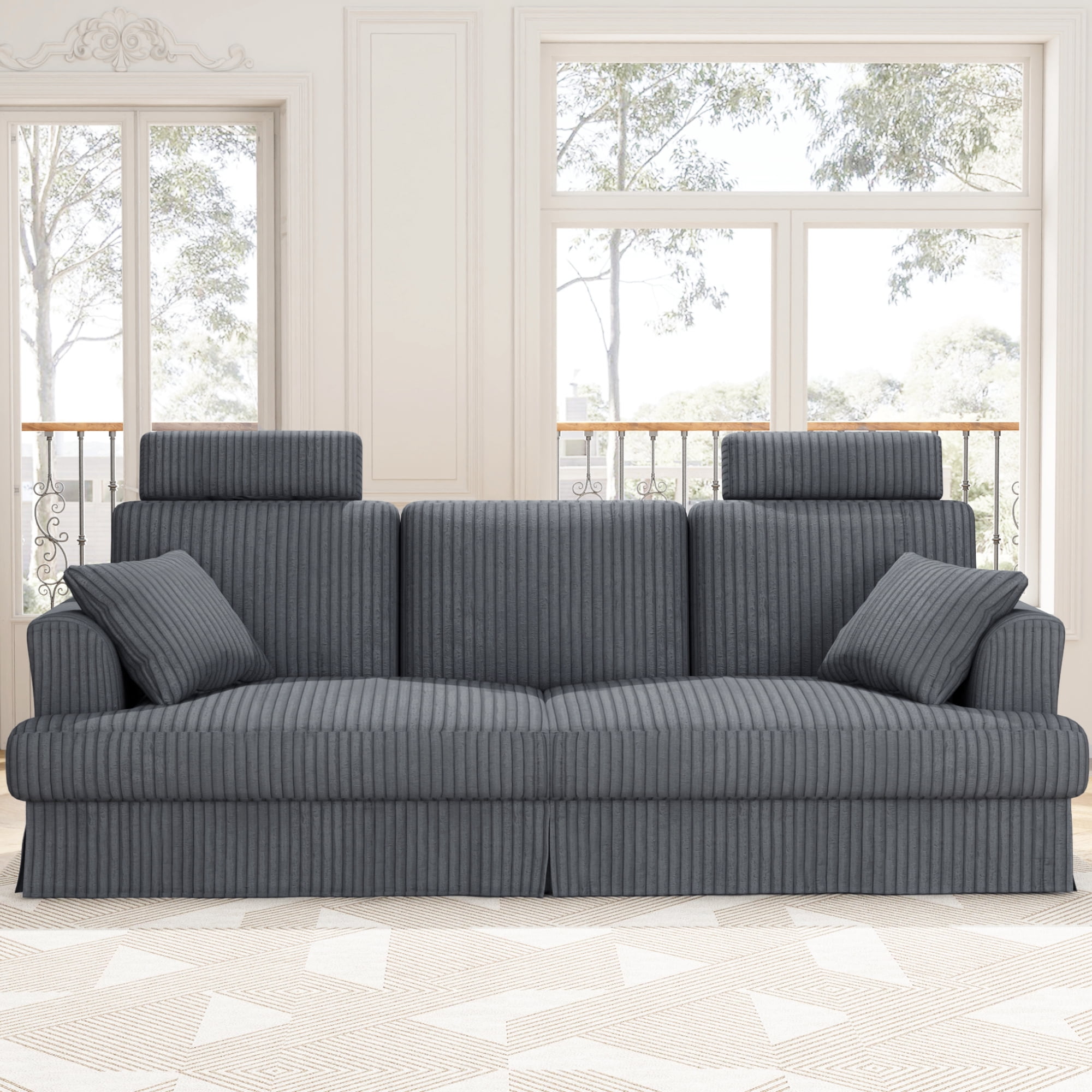 87.5" Corduroy Sofa Couch for Living Room, AAQZ 3 Seater Sofa in a Box, Headrest, 2 Pillows,Gray