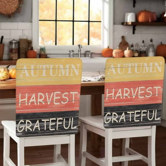 Thanksgiving Stripes Chair Covers Set of 4 Fall Harvest Greatful Wood Grain Chair Back Covers Stretch Removable Washable Slipcovers Protector for Dining Room Kitchen Party Decor