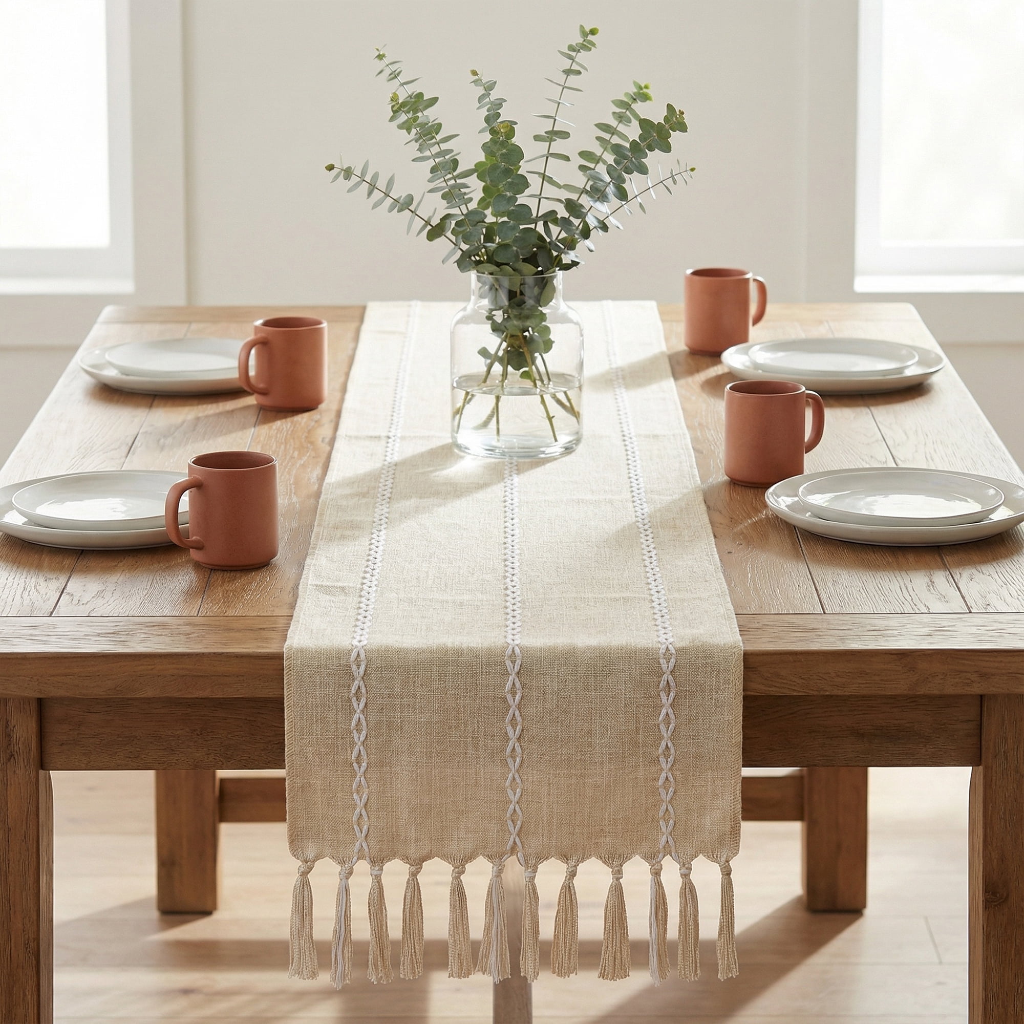 Unique Bargains Washable Polyester Kitchen Runner with Tassel for Dining Beige 13"x72"