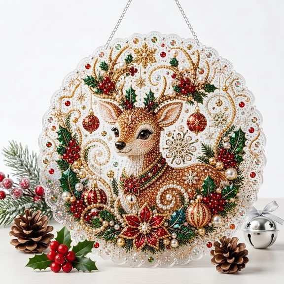 Christmas Pearl Diamond Art Hanging Ornament Kit,Santa Sun Catcher Ornament | 10in Shaped Acrylic & Pearl Diamond Art Kit for Adult Beginner,Christmas Home Decor Gift for Home Door Wall Decor