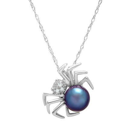 6 mm Freshwater Black Pearl Spider Pendant Necklace with Diamonds in 14kt White Gold