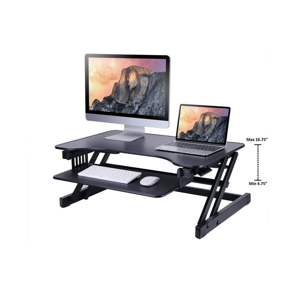 Rocelco 32" Height Adjustable Standing Desk Converter - Quick Sit Stand Up Dual Monitor Riser - Gas Spring Assist Tabletop Computer Workstation - Large Retractable Keyboard Tray (Black)